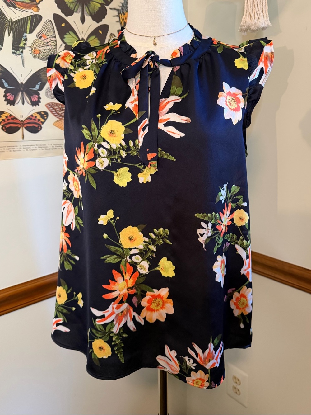 Ann Taylor Navy Floral Tie-Front Ruffle Cap-Sleeve Top